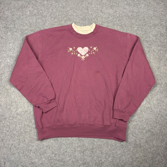 Country Store Tops - Country Store Vintage Burgundy Heart Floral Embroidered Sweatshirt Large
